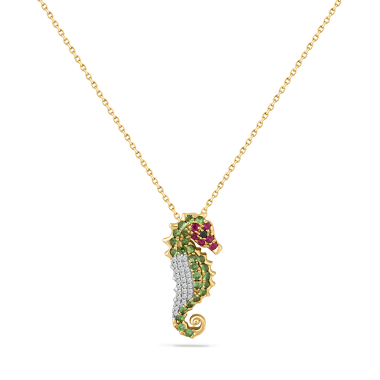 14K SEAHORSE PENDANT WITH 28 DIAMONDS 0.09CT, 1 BLACK DIAMOND 0.012CT, 6 PINK SAPPHIRE 0.11CT & 25 TSAVORITE 0.38CT ON 18 INCHES CHAIN