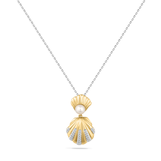 14K SHELL & PEARL PENDANT WITH 23 DIAMONDS 0.08CT & PEARL ON 18 INCHES CHAIN