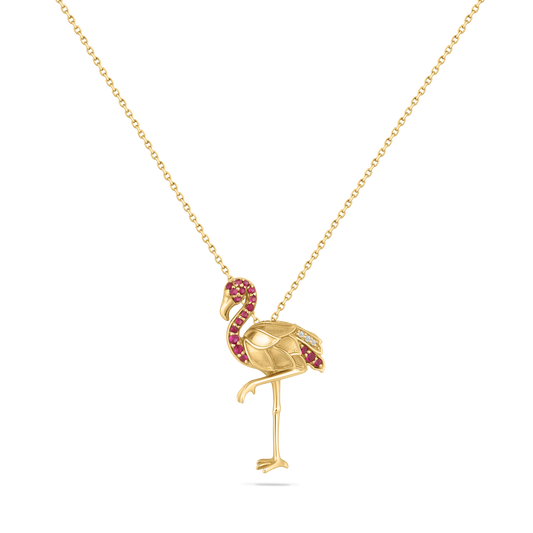 14K FLAMINGO PENDANT WITH 3 DIAMONDS 0.02CT & 18 RUBIES 0.20CT ON 18 INCHES CABLE CHAIN