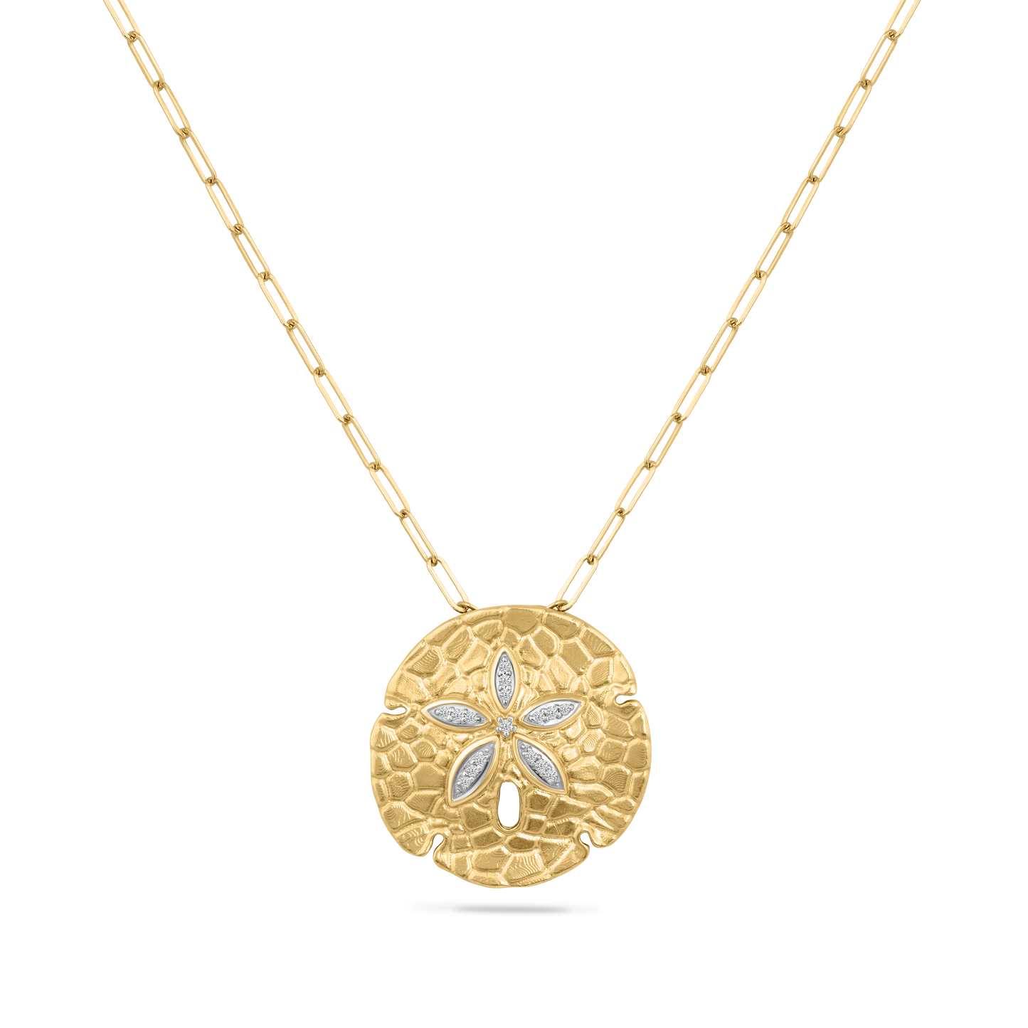 14KY SAND DOLLAR PENDANT WITH 16 DIAMONDS 0.09CT ON 18 INCHES  CHAIN