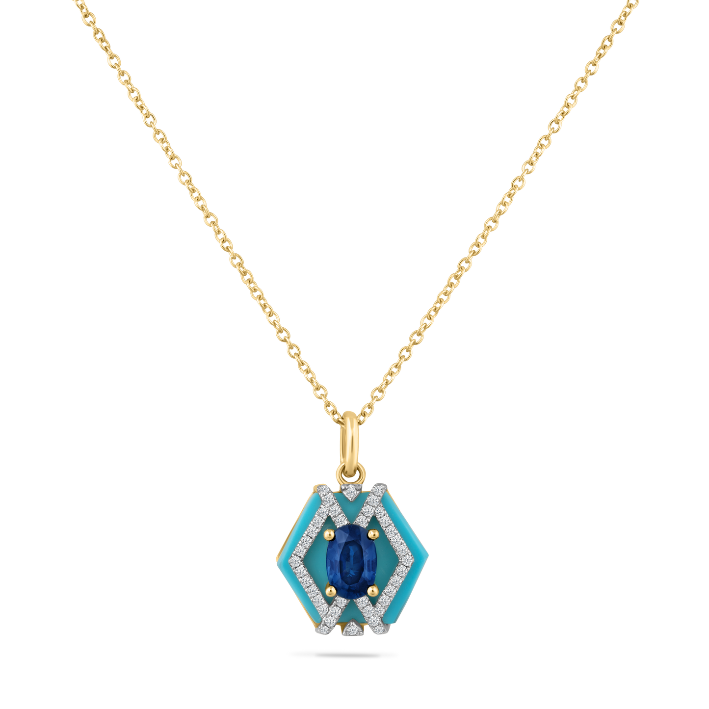 14K HEXAGON SHAPE PENDANT WITH 40 DIAMONDS 0.13CT, 1 SAPPHIRE 0.50CT & TURQUOISE ON 18 INCHES CHAIN