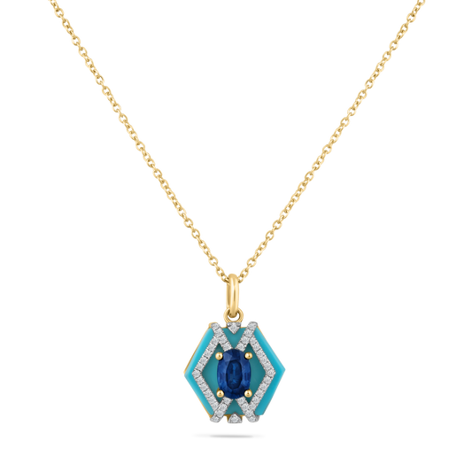 14K HEXAGON SHAPED RECON TURQUOISE PENDANT WITH 40 DIAMONDS 0.13CT AND 1 SAPPHIRE 0.50CT ON 18 INCHES CABLE CHAIN