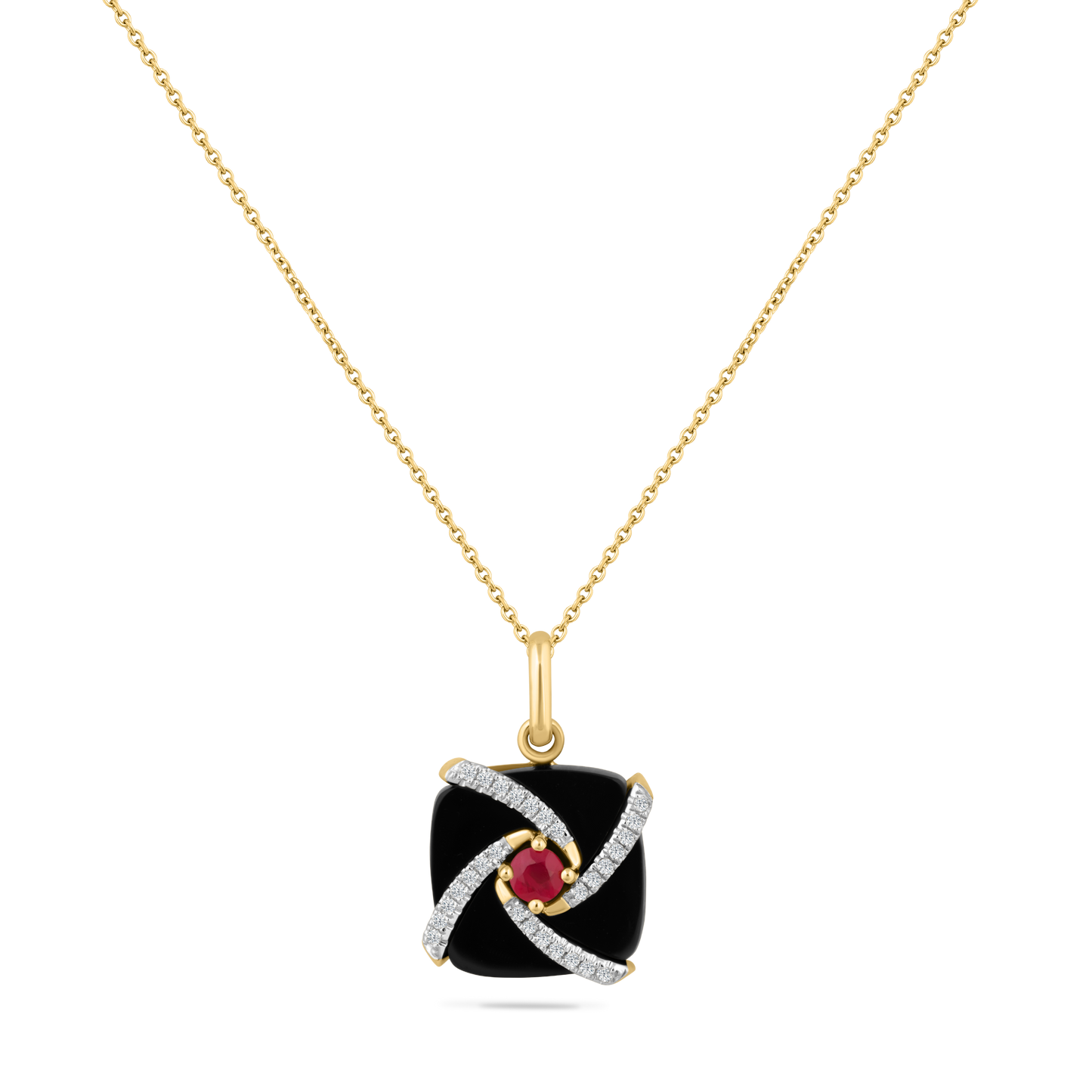 14K BLACK AGATE PENDANT WITH 28 DIAMONDS 0.1CT AND 1 RUBY 0.15CT ON 18 INCHES CABLE CHAIN