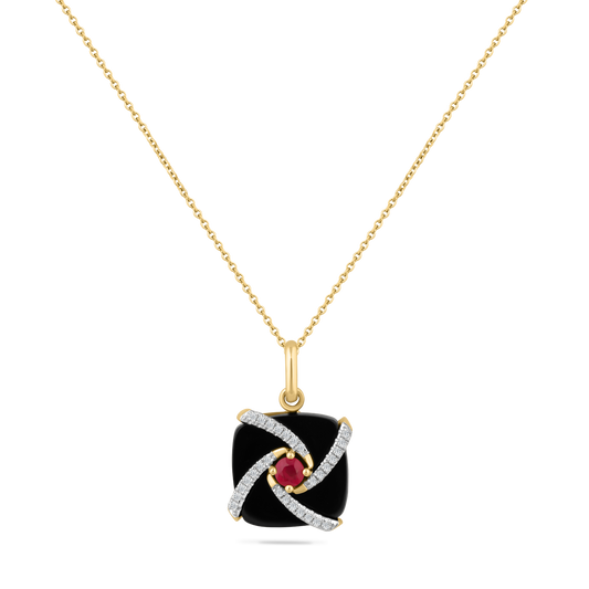 14K BLACK AGATE PENDANT WITH 28 DIAMONDS 0.1CT AND 1 RUBY 0.15CT ON 18 INCHES CABLE CHAIN