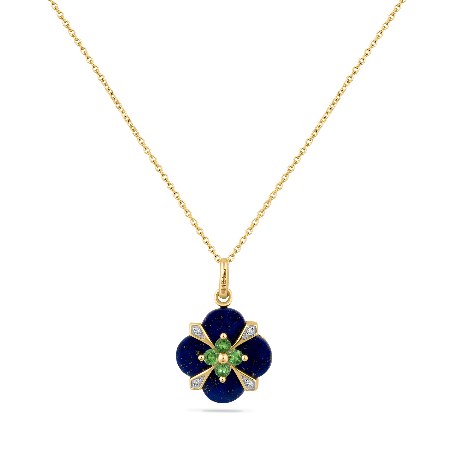 14K NECKLACE  WITH 4 DIAMONDS 0.0165CT, 4 TSAVORITE 0.18CT, 1 LAPIS PENDANT ON 18 INCHES CHAIN