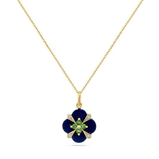 14K LAPIS PENDANT WITH 4 DIAMONDS 0.0165CT AND 4 TSAVORITES 0.18CT ON 18 INCHES CABLE CHAIN