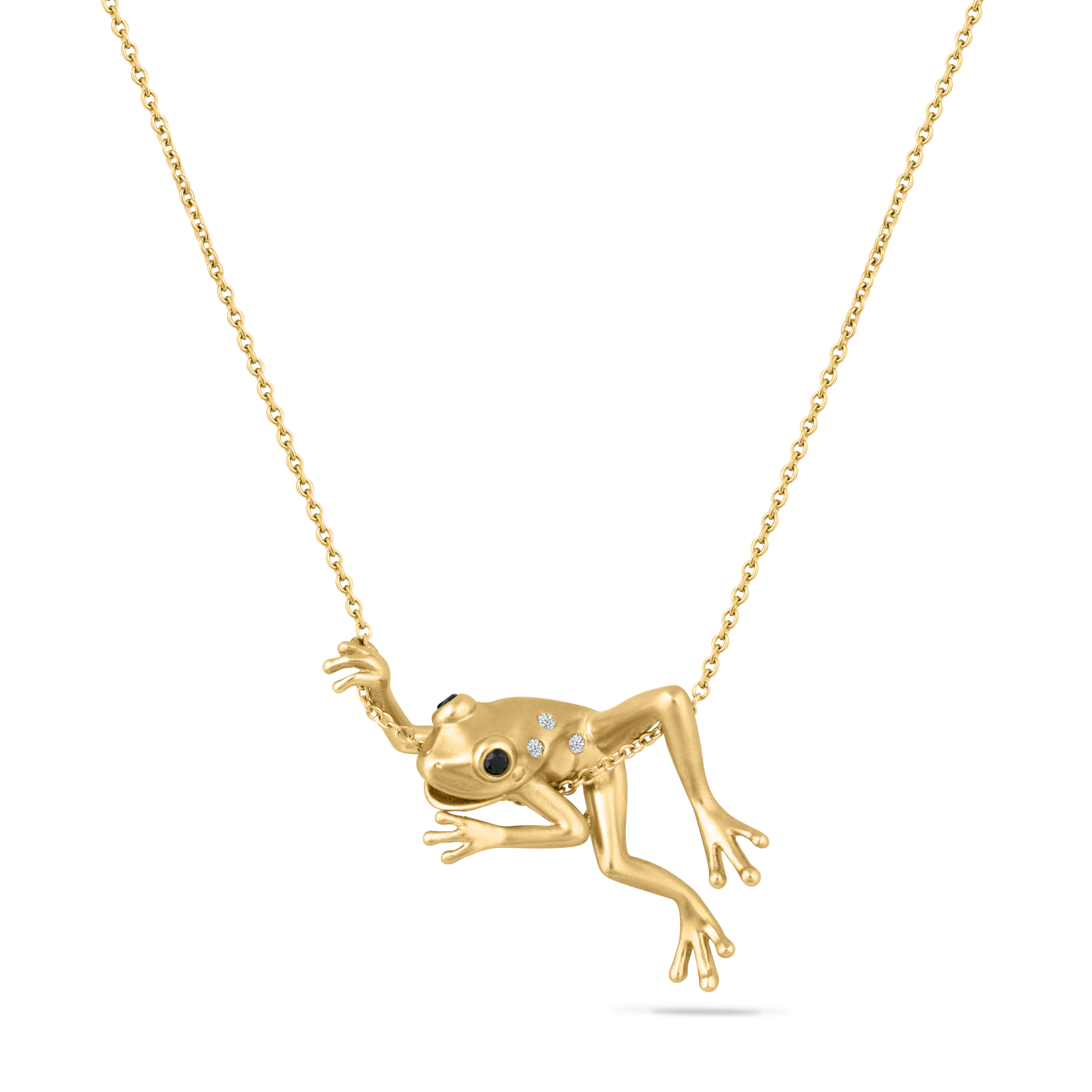 14K FROG PENDANT WITH 3 DIAMONDS 0.016CTAND 2 BLACK DIAMONDS 0.038CT ON 18 INCHES CABLE CHAIN