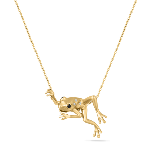 14K FROG PENDANT WITH 3 DIAMONDS 0.016CTAND 2 BLACK DIAMONDS 0.038CT ON 18 INCHES CABLE CHAIN