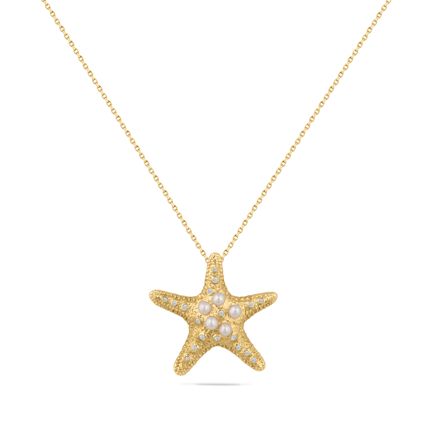 14K STAR FISH PENDANT WITH 18 DIAMONDS 0.099CT AND 5 CENTRAL PEARLS ON 18 INCHES CABLE CHAIN