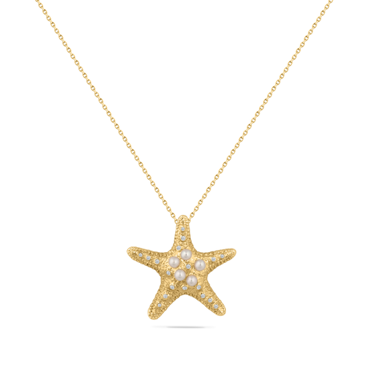 14K STAR FISH PENDANT WITH 18 DIAMONDS 0.099CT AND 5 CENTRAL PEARLS ON 18 INCHES CABLE CHAIN