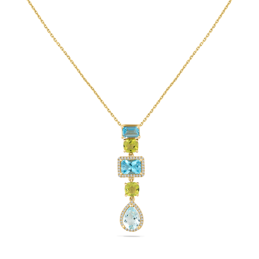 14K PENDANT WITH 52 DIAMONDS 0.15CT, 2 PERIDOT 1.22CT AND 3 BLUE TOPAZ 2.90CT SUSPENDED ON 18 INCHES CABLE CHAIN