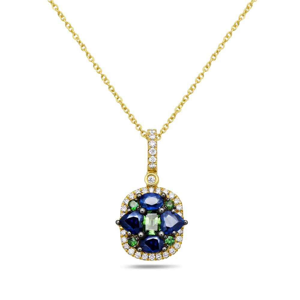 14K NECKLACE, MULTI COLOR PENDANT WITH 34 DIAMONDS 0.20CT, 4 SAPPHIRES 1.08CT AND 5 GREEN GARNETS 0.32CT ON 18 INCHES CABLE CHAIN