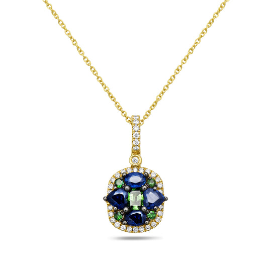 14K MULTI COLOR PENDANT WITH DIAMONDS, SAPPHIRES AND GREEN GARNETS ON 18 INCHES CABLE CHAIN