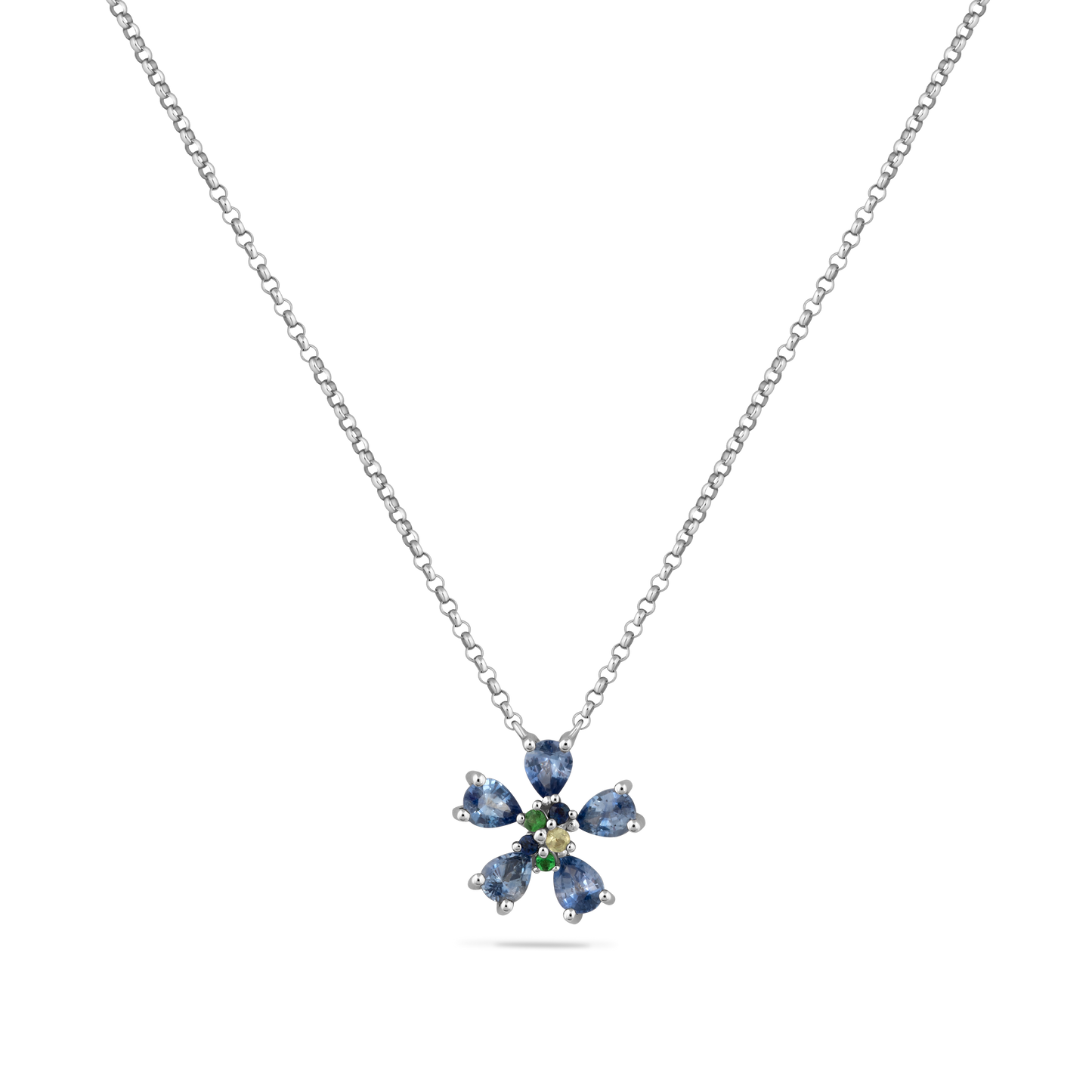14K FLOWER PENDANT WITH 2 GREEN GARNETS 0.03CT, 5 FANCY BLUE SAPPHIRES 0.93CT ON 18 INCHES CHAIN