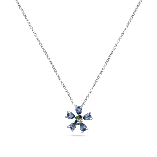 14K BLUE SAPPHIRE FLOWER PENDANT WITH ACCENT OF DIAMONDS AND GREEN GARNETS ON 18 INCHES CABLE CHAIN