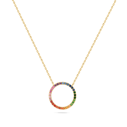 14K CIRCLE OF LIFE PENDANT WITH MULTIPLE COLORS IN SAPPHIRES, GREEN GARNETS AND AMETHYST ON 18 INCHES CHAIN