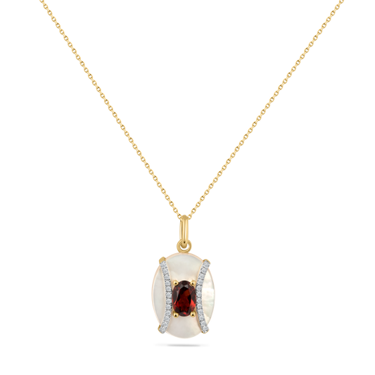 14K MOTHER OF PEARL PENDANT WITH 24 DIAMONDS 0.090CT AND 1 CENTER GARNET 0.66CT ON 18 INCHES CABLE CHAIN