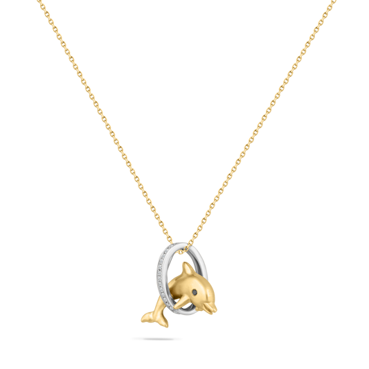 14K JUMPING DOLPHIN PENDANT WITH  14 DIAMONDS 0.05CT & 1 BLACK DIAMOND 0.005CT ON 18 INCHES CABLE CHAIN