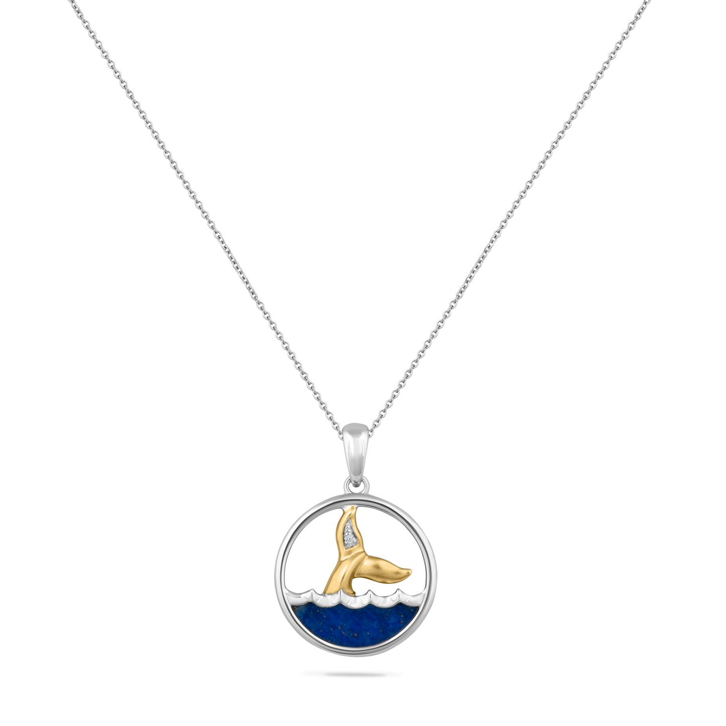14K DIVING WHALE TALE DISK PENDANT WITH 1 DIAMOND .003CT & LAPIS ON 18 INCHES CHAIN
