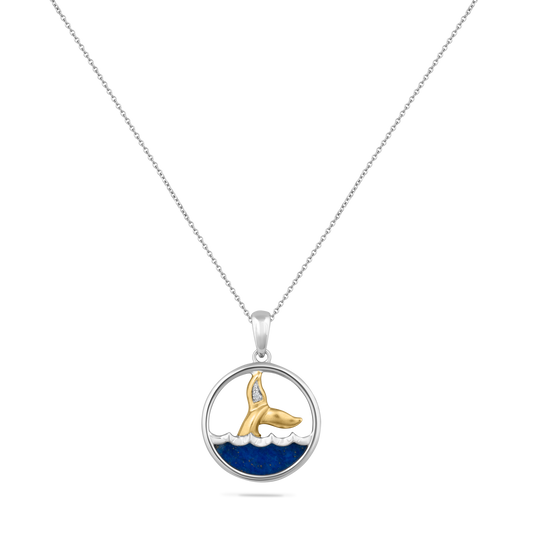 14K DIVING WHALE TALE DISK PENDANT WITH 1 DIAMOND .003CT & LAPIS ON 18 INCHES CHAIN