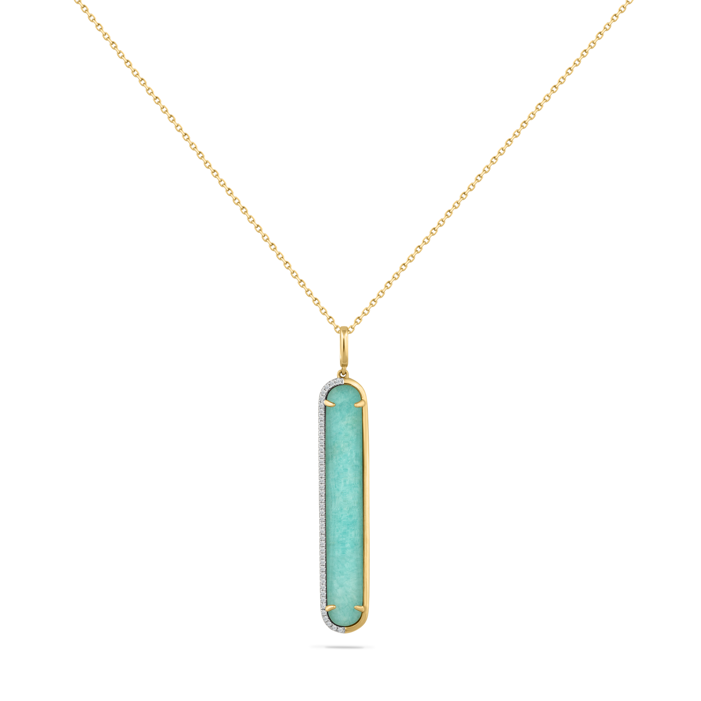 14K 39MM DOUBLET AMAZONITE & CLEAR QUARTZ PENDANT WITH 43 DIAMONDS 0.16CT ON 1.5G 18 INCHES CABLE CHAIN