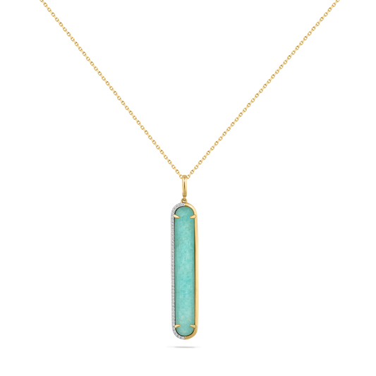 14K 39MM DOUBLET AMAZONITE & CLEAR QUARTZ PENDANT WITH 43 DIAMONDS 0.16CT ON 1.5G 18 INCHES CABLE CHAIN