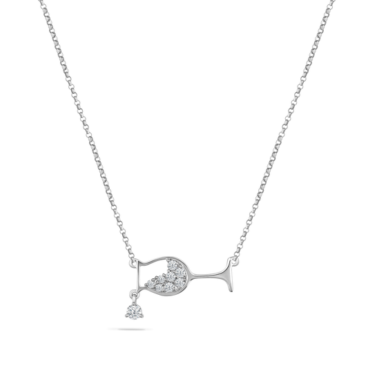 14K CHAMPAGNE GLASS NECKLACE WITH 8 DIAMONDS 0.20CT & 1 WHITE SAPPHIRE 0.12CT 18 INCHES CHAIN