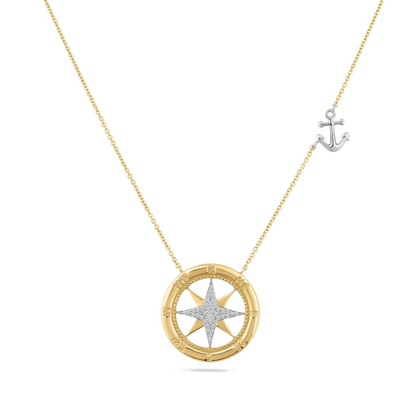 14K COMPASS NECKLACE 42 DIAMONDS 0.13CT 18 INCHES CHAIN