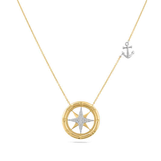 14K COMPASS NECKLACE WITH 42 DIAMONDS 0.13CT ON  18 INCHES CABLE CHAIN