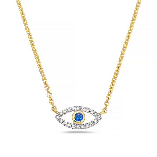 14K EVIL EYE NECKLACE WITH 20 DIAMONDS 0.080CT AND BLUE SAPPHIRE ON 18 INCHES CHAIN