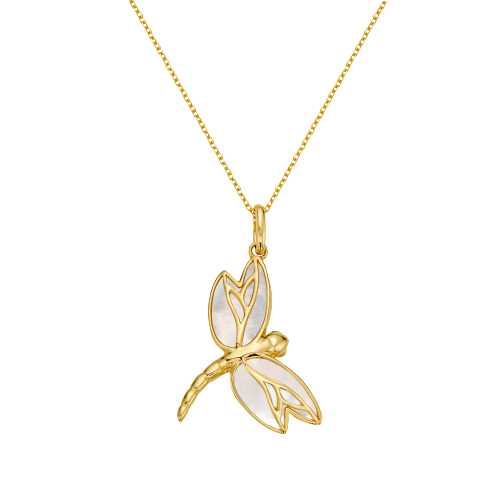 14K MOTHER OF PEARL DRAGONFLY WITH 4 DIAMONDS 0.030CT ON 18 INCHES CABLE CHAIN