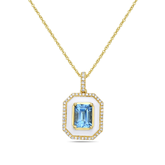 14K OCTAGON SHAPED WHITE ENAMEL PENDANT WITH 1 BLUE TOPAZ 1.48CT AND 51 DIAMONDS 0.22CT ON 18 INCHES CABLE CHAIN