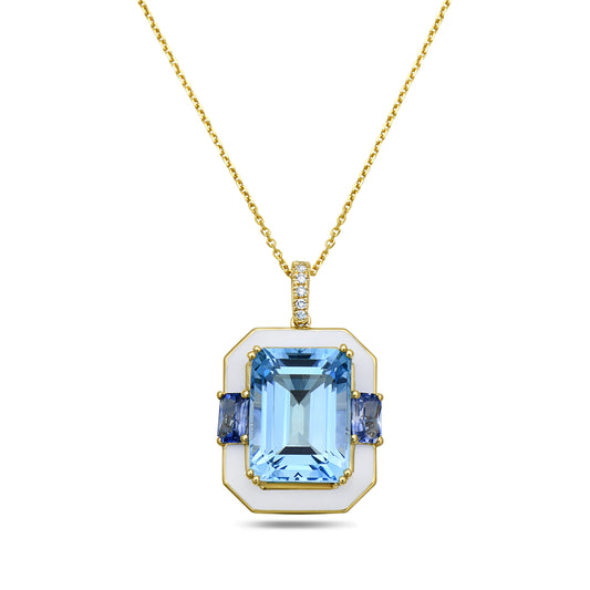 14K WHITE ENAMEL PENDANT WITH BLUE TOPAZ, DIAMONDS AND SAPPHIRES  ON 18 INCHES CABLE CHAIN