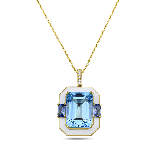 14K WHITE ENAMEL PENDANT WITH BLUE TOPAZ, DIAMONDS AND SAPPHIRES ON 18 INCHES CABLE CHAIN