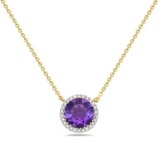 14K ROUND AMETHYST PENDANT WITH 26 DIAMONDS 0.09CT ON 18 INCHES CABLE CHAIN