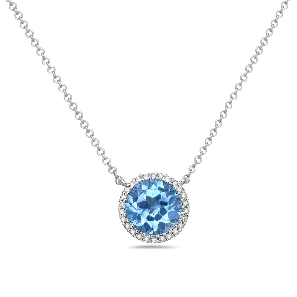 14K ROUND BLUE TOPAZ PENDANT WITH 26 DIAMONDS 0.09CT ON 18 INCHES CABLE CHAIN