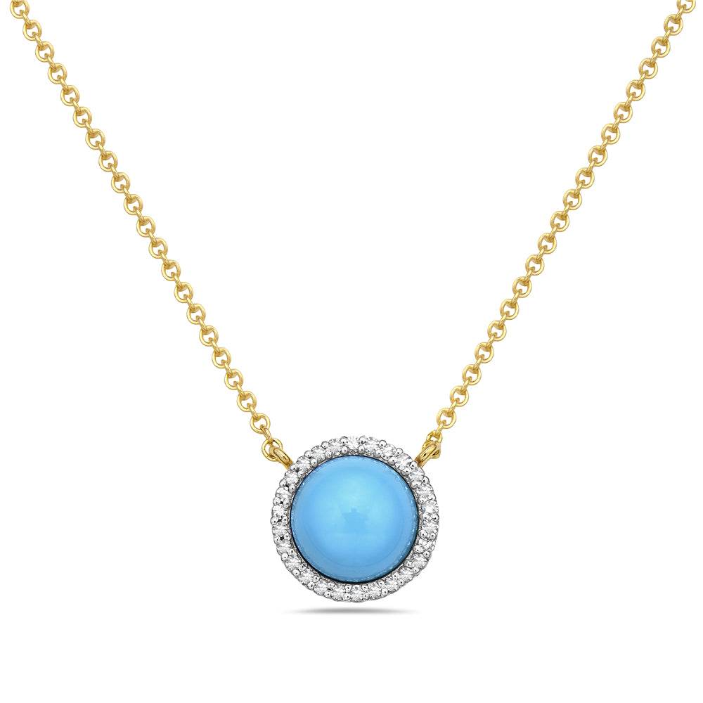 14K ROUND FASCINATING 7MM RECON TURQUOISE PENDANT WITH 26 DIAMONDS 0.09CT ON 18 INCHES CABLE  CHAIN