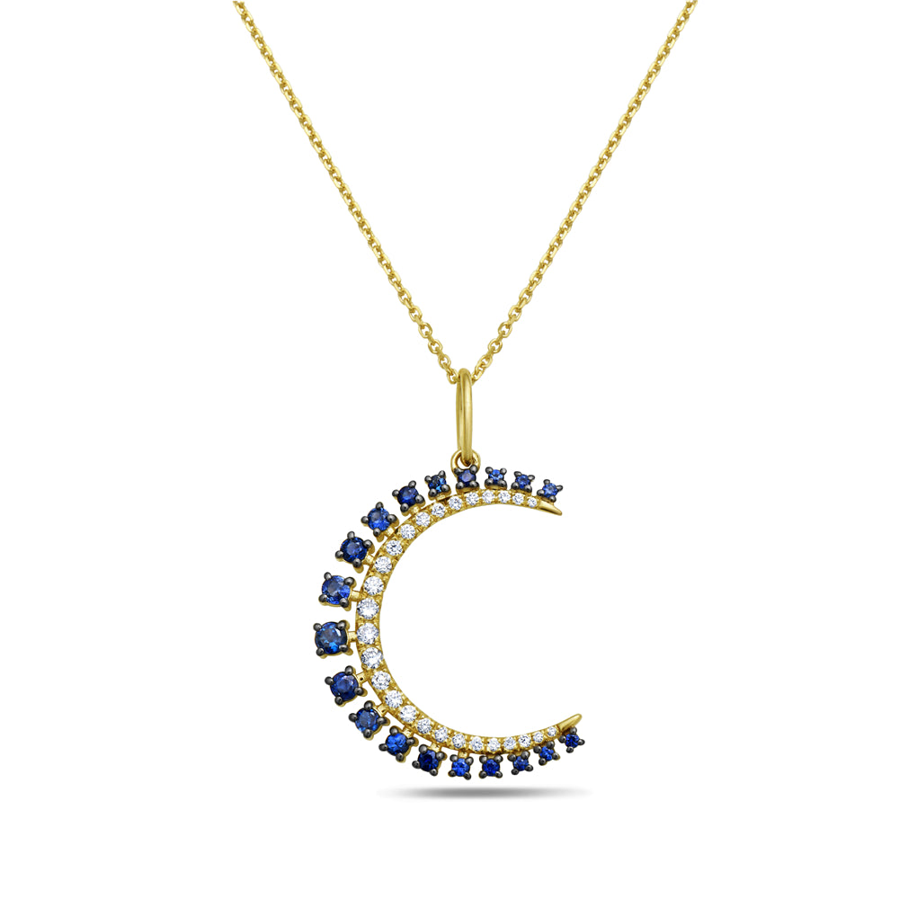 14K MOON PENDANT WITH 19 SAPPHIRES 0.62CT AND 27 DIAMONDS 0.26CT ON 18 INCHES CABLE CHAIN