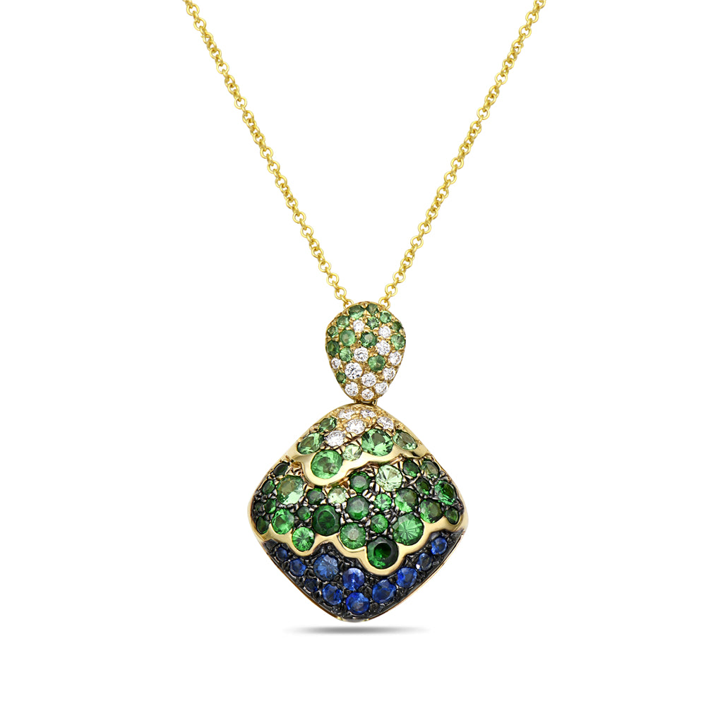 14K COLORFUL PENDANT WITH SAPPHIRES, DIAMONDS AND GREEN GARNETS ON 18 INCHES CABLE CHAIN