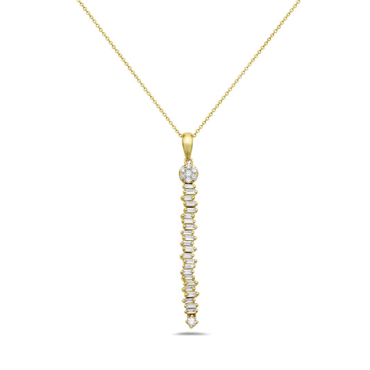 14KY LONG BAR PENDANT ON AN 18 INCH CABLE CHAIN. 12 TAPPERED BAGUETTE 0.11CT, 11 TAPPERED BAGUETTE 14CT, 8 ROUND 0.12CT. TOTAL 0.37CT