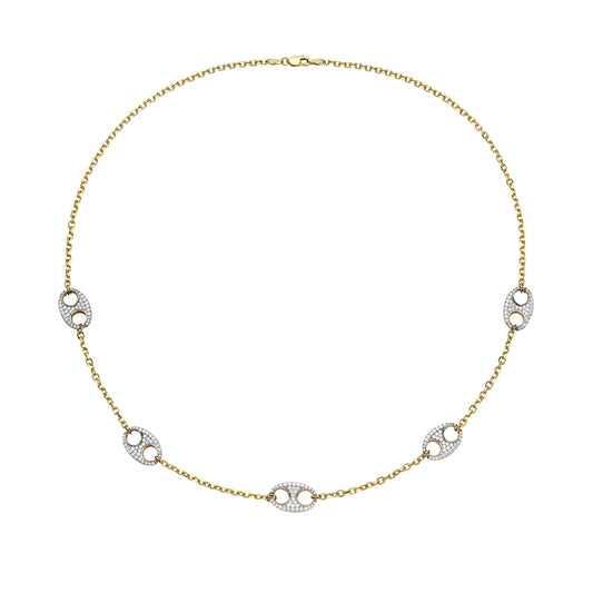 14K DIAMOND NECKLACE WITH 5 MARINER LINKS ON 18 INCHES CHAIN