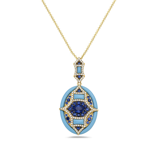 14K YELLOW GOLD NECKLACE WITH TURQUOISE, SAPPHIRES AND DIAMONDS ARTISTIC OVAL PENDANT ON 18 INCHES CHAIN