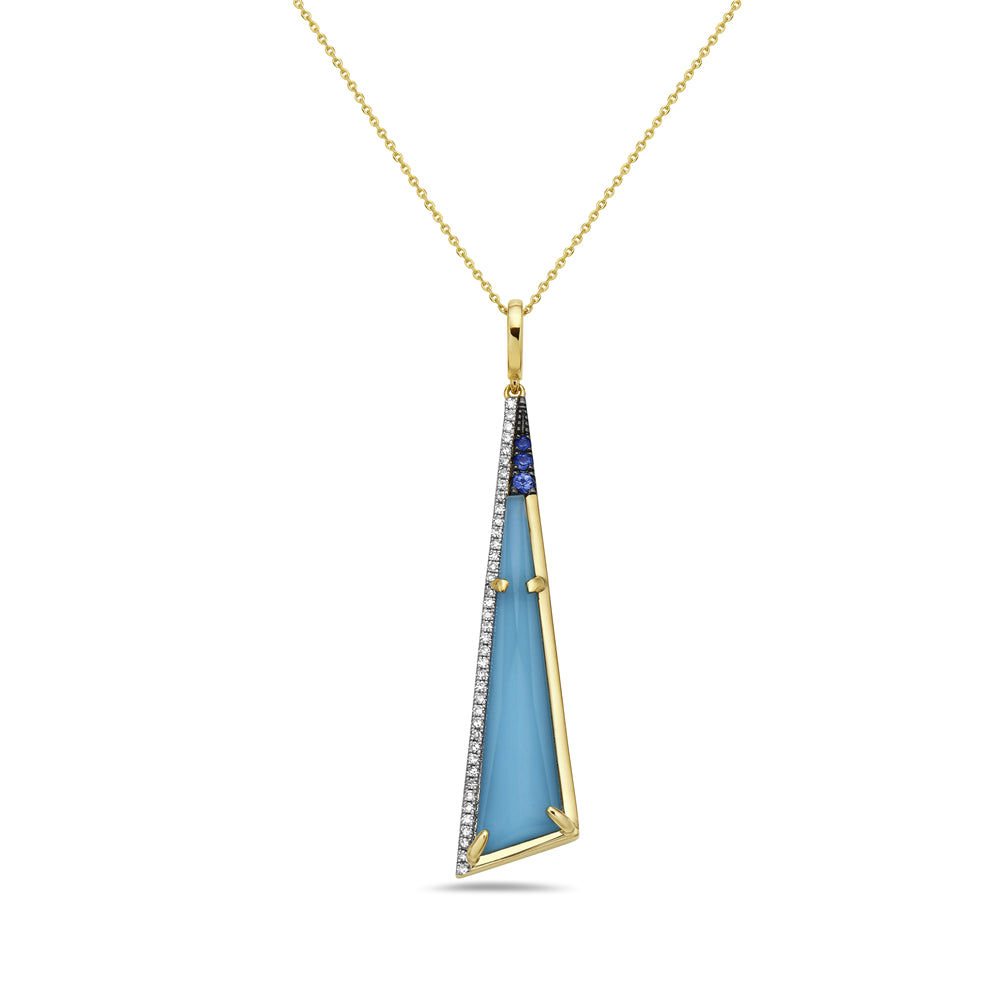 14K YELLOW GOLD NECKLACE WITH 40 DIAMONDS 0.14CT, RECON TURQUOISE AND CRYSTAL DOUBLET LEVER BACK DANGLE PENDANT ON 18 INCHES CHAIN