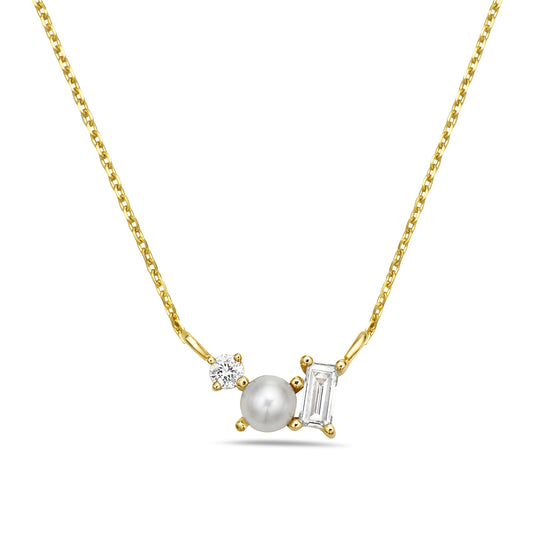14K PEARL AND MULTISHAPED DIAMONDS PENDANT ON 18 INCHES CHAIN