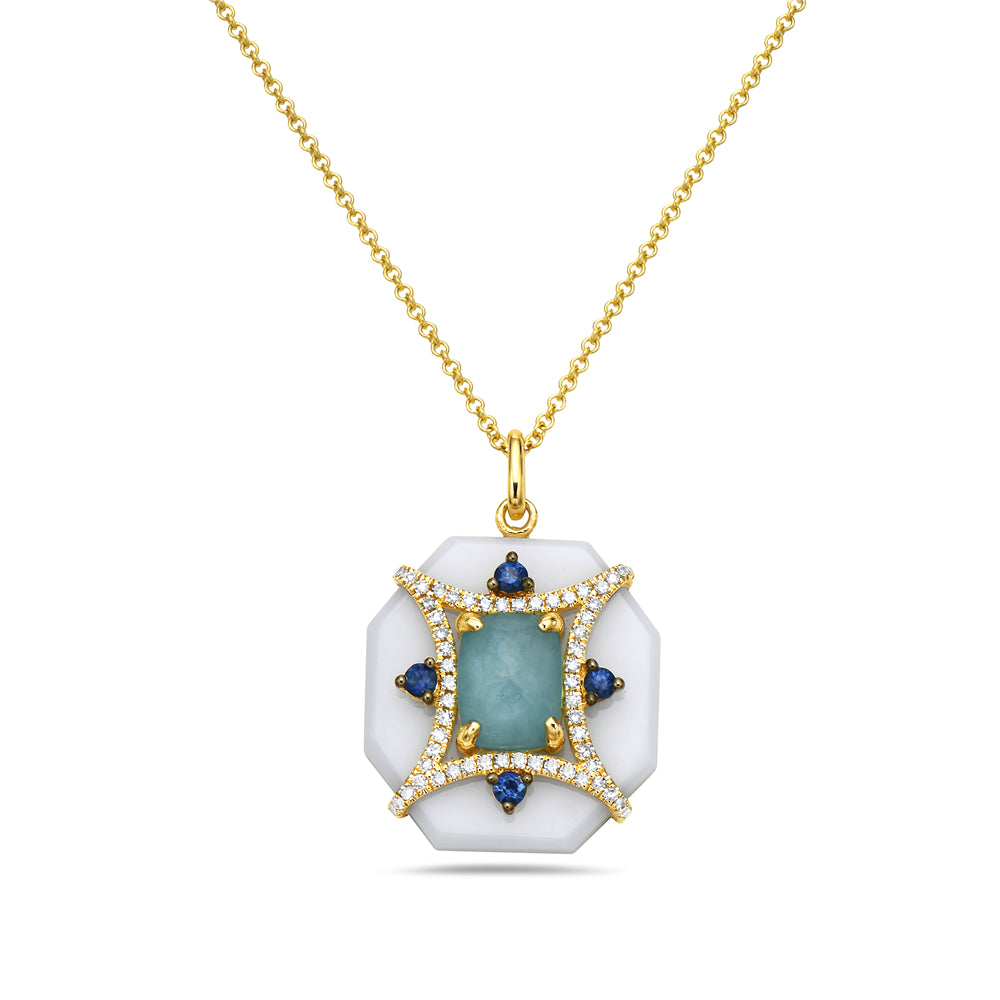 14K OCTAGON SHAPED WHITE CERAMIC PENDANT WITH A BLUE STONE DOUBLET IN AMAZONITE BOTTOM AND CLEAR QUARTZ ON TOP, DIAMONDS AND SAPPHIRES ON 18 INCHES CABLE CHAIN