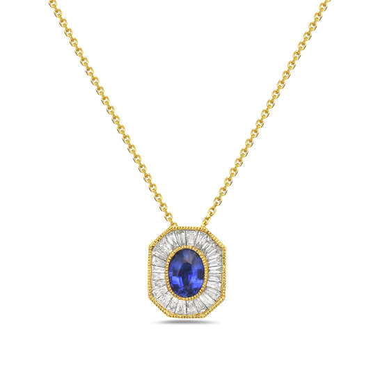 18K YELLOW GOLD NECKLACE WITH OVAL SAPPHIRE 0.92CT, 24 BAGUETTE DIAMONDS 0.56CT ON 18 INCHES CHAIN