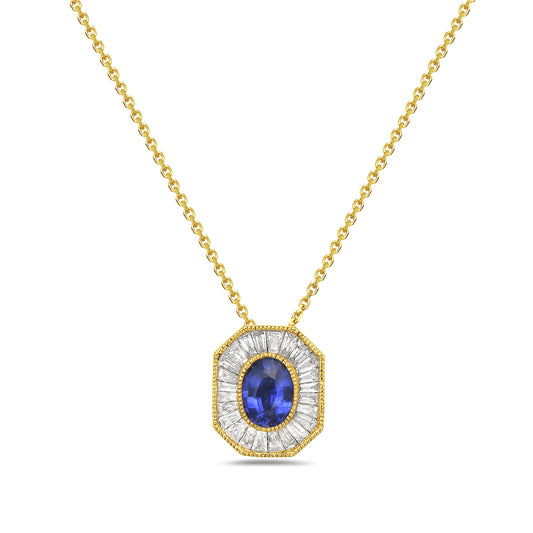 18K PENDANT WITH A CENTER OVAL SAPPHIRE SURROUNDED BY BAGUETTE DIAMONDS ON 18 INCHES CABLE CHAIN