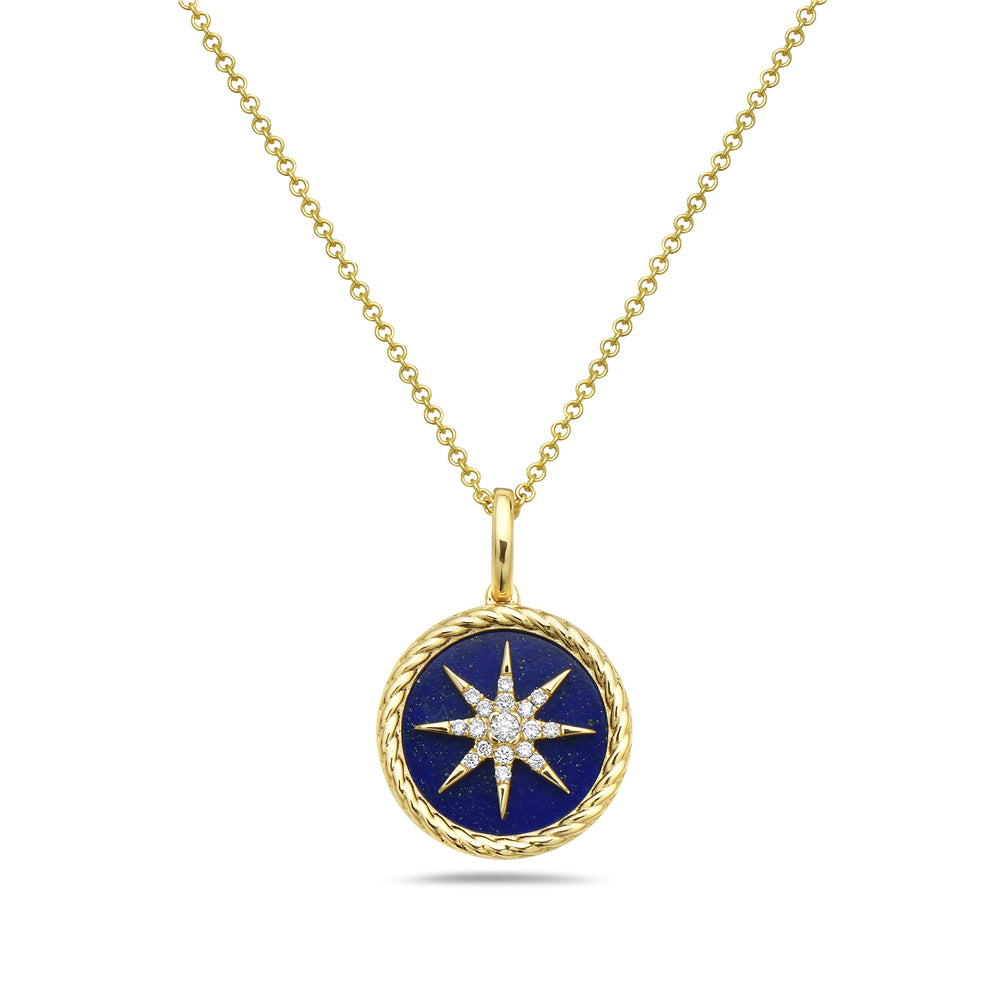 14K YELLOW GOLD NECKLACE WITH 1 LAPIZ 1.54CT, 17 DIAMONDS 0.07CT PENDANT ON 18 INCHES CHAIN