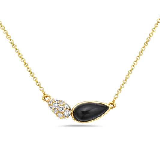 14K DOUBLE TEAR SHAPED PENDANT WITH 1 ONYX 7CT AND 33 DIAMONDS 0.50CT ON 18 INCHES CABLE CHAIN