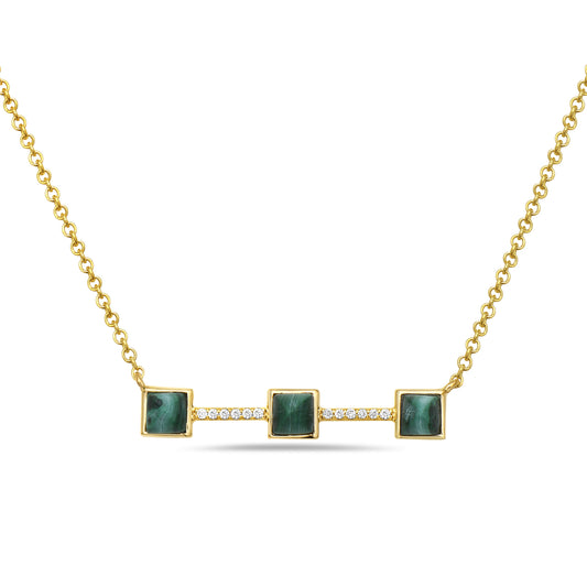 14K TRIPLE SQUARE MALACHITE PENDANT WITH 12 DIAMONDS 0.50CT SUSPENDED ON 18 INCHES CABLE CHAIN